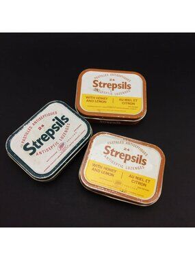 3 Vintage Metal Strepsils Small Tins for Antiseptic Lozenges Cough Drops